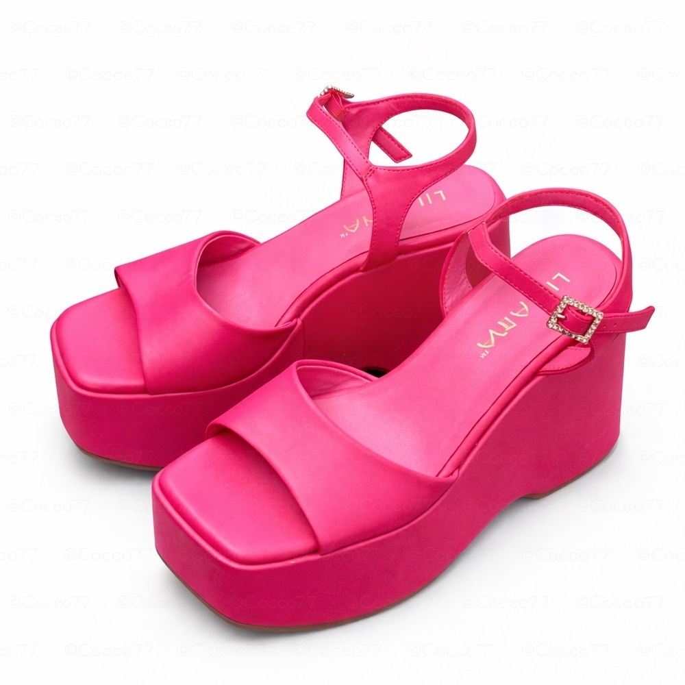 LILIANA Hot Pink Platform Wedge Sandals Square Toe Ankle Strap Women 7.5